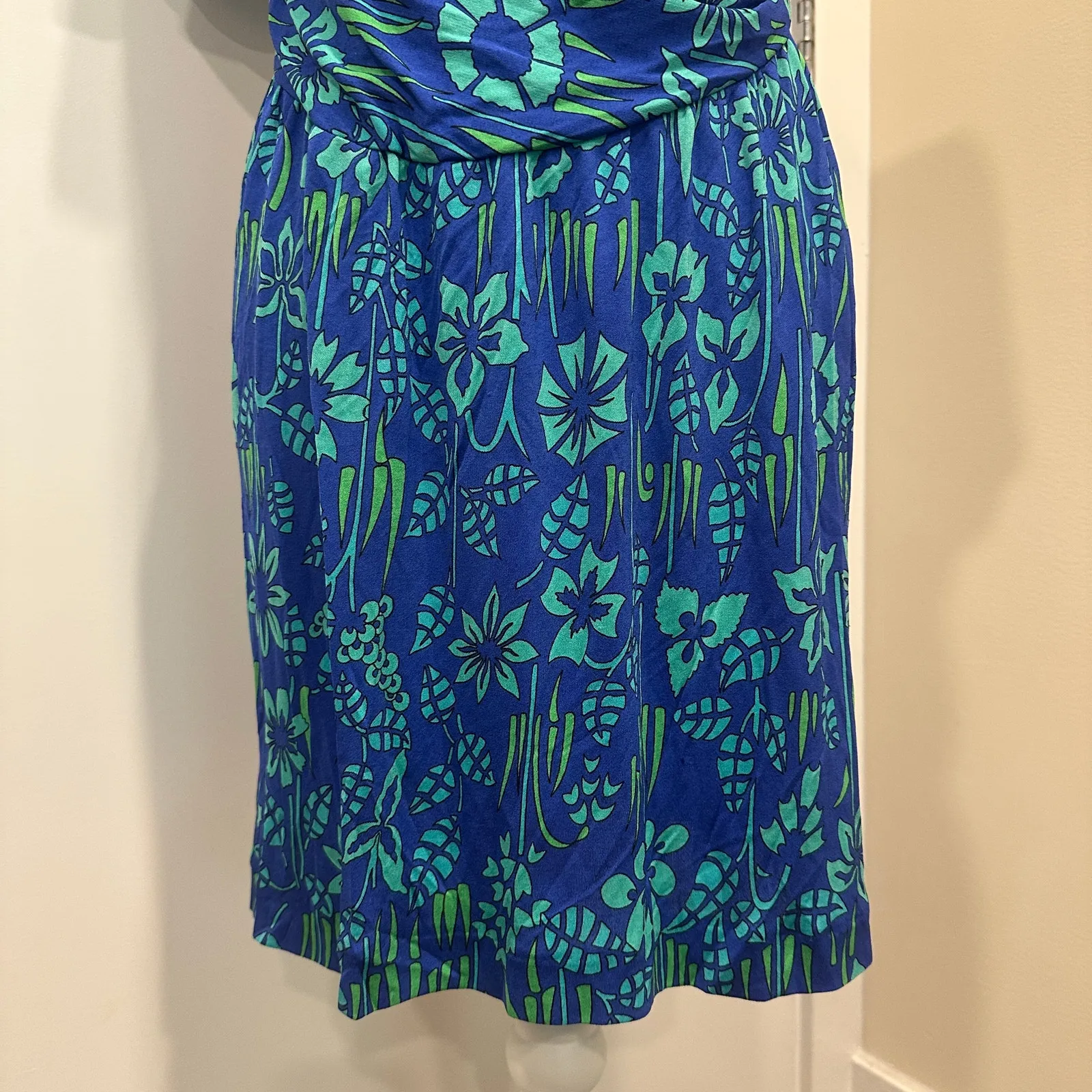 VTG 70s Bessi Firenze Blue Green Floral Silk Faux Wrap Surplice Dress Mod Small Size XS - Image 7