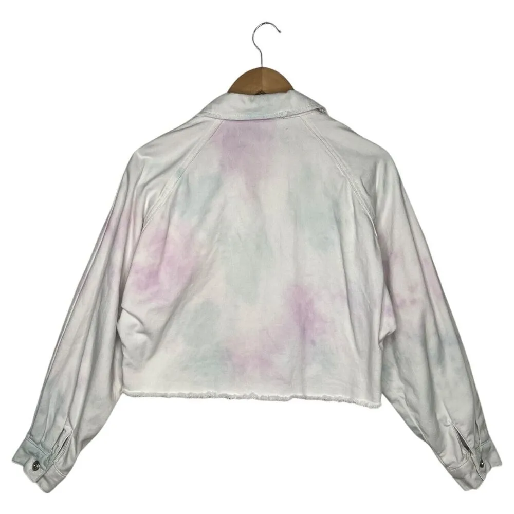 Zara Jacket Womens S Pastel Tie Dye Cropped Dolman Frayed Hem Pockets White - Image 2