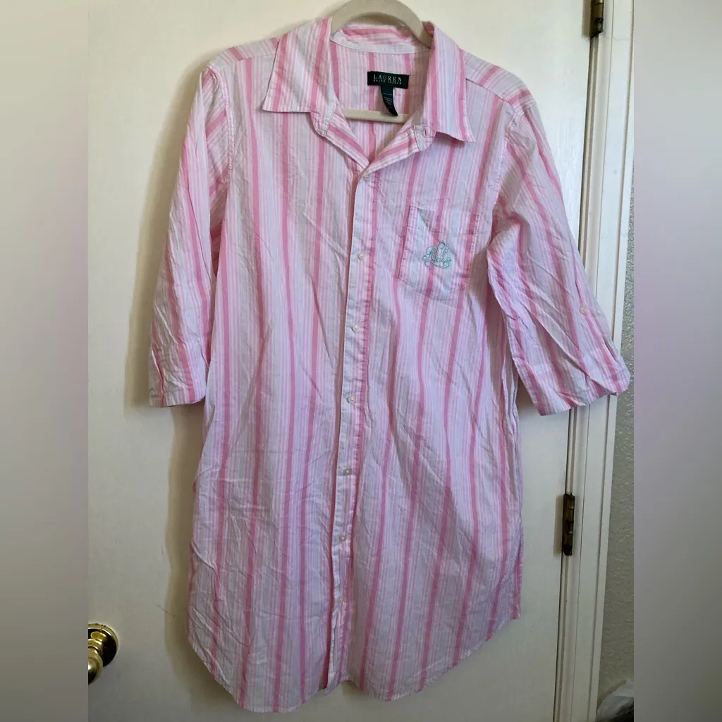 🌞Lauren Ralph Lauren Pink, White & Light Green 3/4 Sleeve Sleep Shirt Pink Size L - Image 5