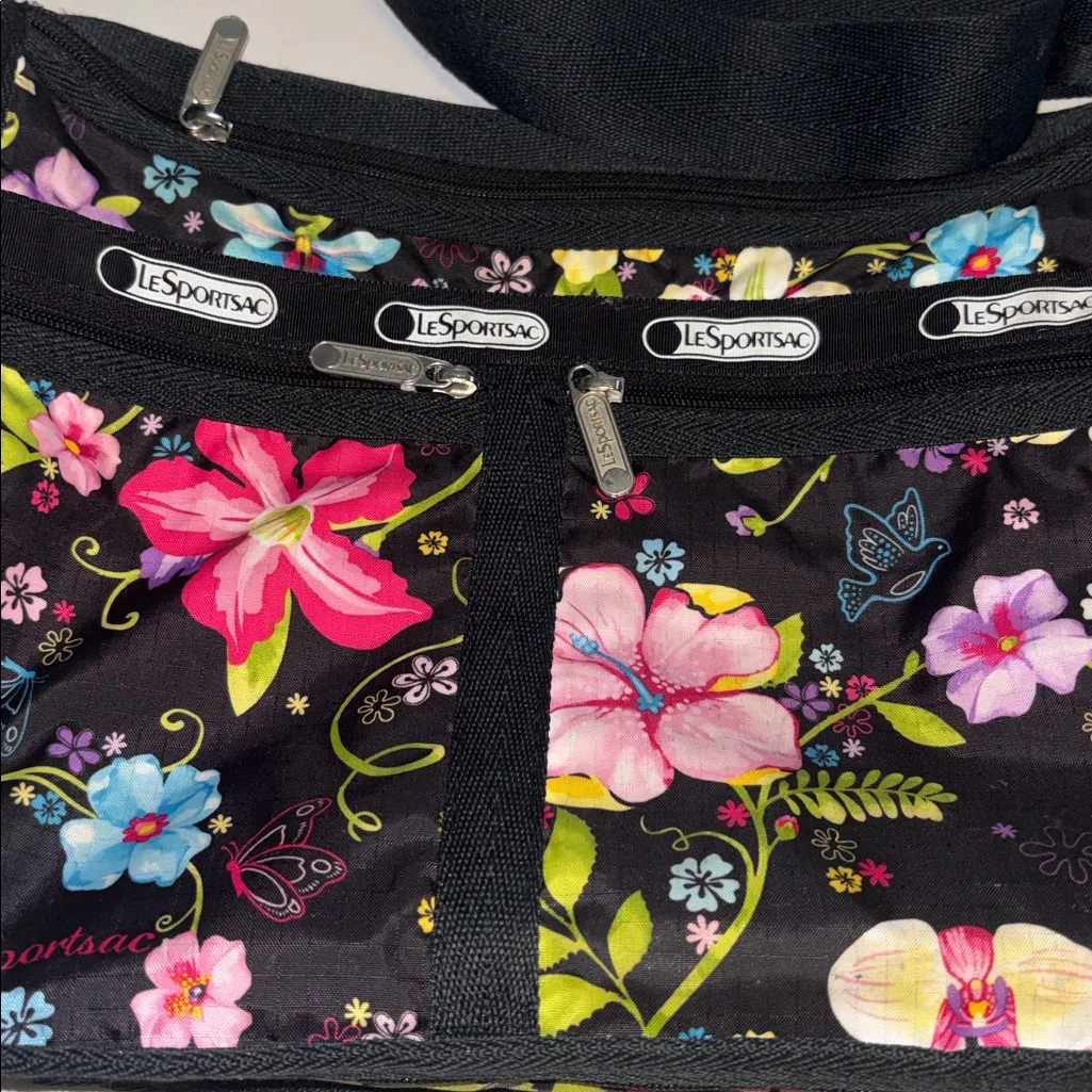 LE SPORT SAC…BLACK HOBO BAG BRIGHT COLORFUL FLORAL DESIGN DOUBLE ZIPPER CLOSURE Black - Image 2
