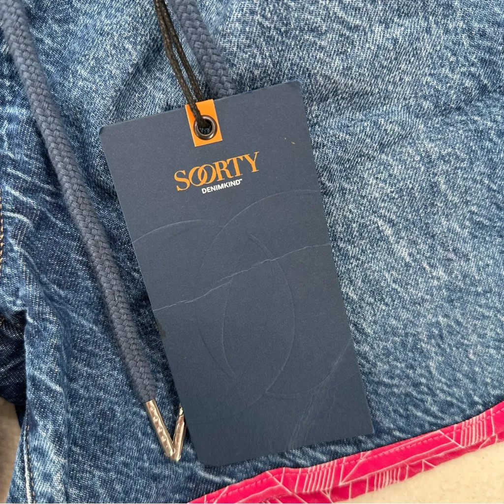 Beachy/Surfer Vibe Denim Jogger Shorts with Pink Trim - Image 3