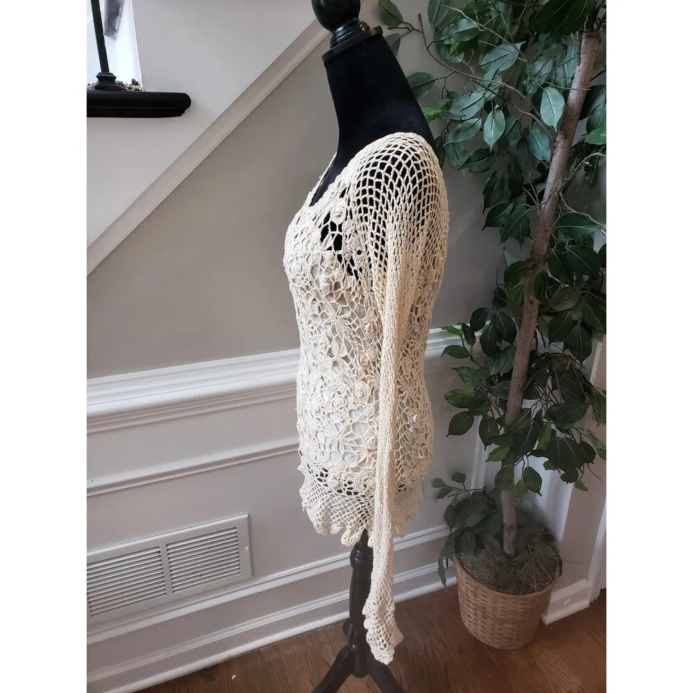 Shape FX Sweater Womens XL Ivory Crochet Lace Lined Ramie Long Sleeve Scoop Neck - Image 13