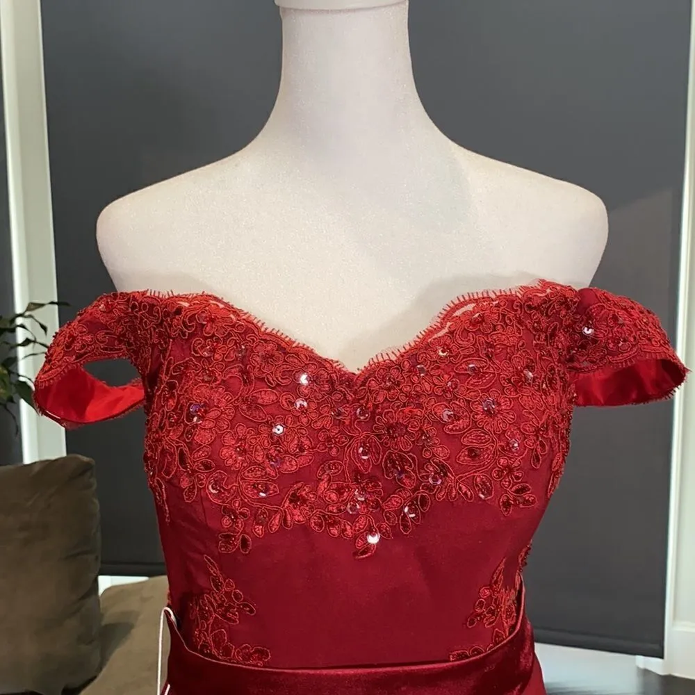 Women’s Deep Red Full Length Prom Party Formal Dress with Small Train Size 4 NWT Red - Image 2