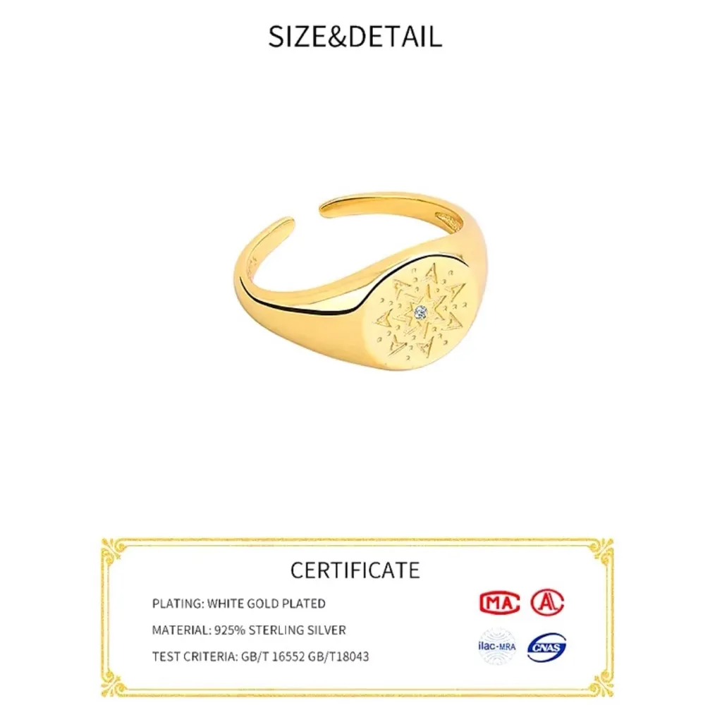 NEW Unisex White Gold Plated S925 Diamond Melee Star Signet Ring,‎ Adjustable - Image 10