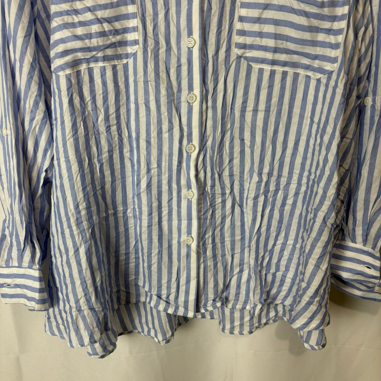 Workshop Women’s Striped Rayon Lyocell Top 3X Button Down Roll Tab Sleeve Blue - Image 2
