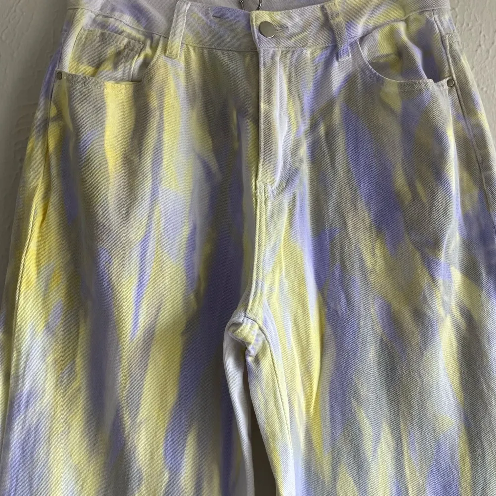 SHEIN Women’s Yellow Purple Tie Dye High Rise Wide Leg Denim Jeans Size 8/10 US - Image 3