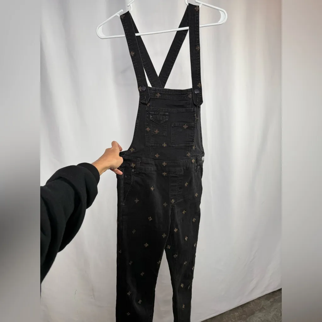 Free People Embroidered Star Skinny Overalls in Washed Black Gold Size 25 - Image 3