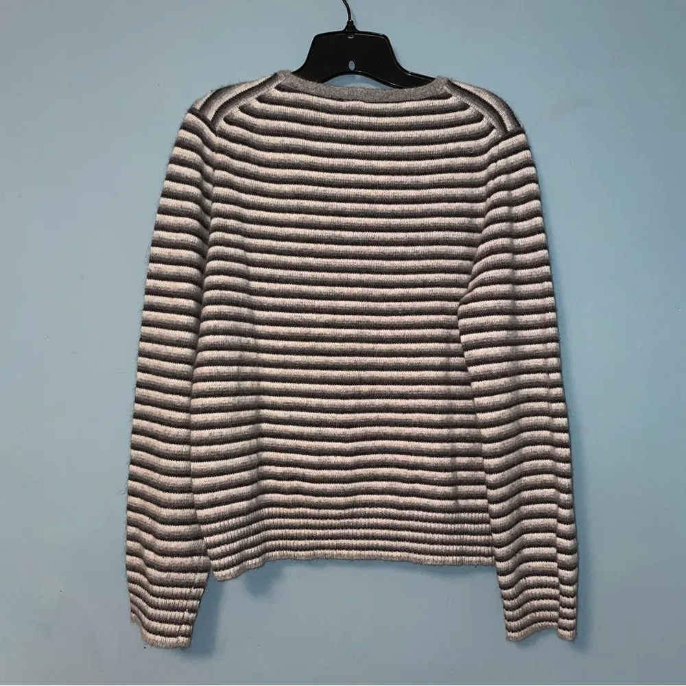 J.Crew Lambswool and Angora Striped V-Neck Button Neck Sweater Size Large - Image 6