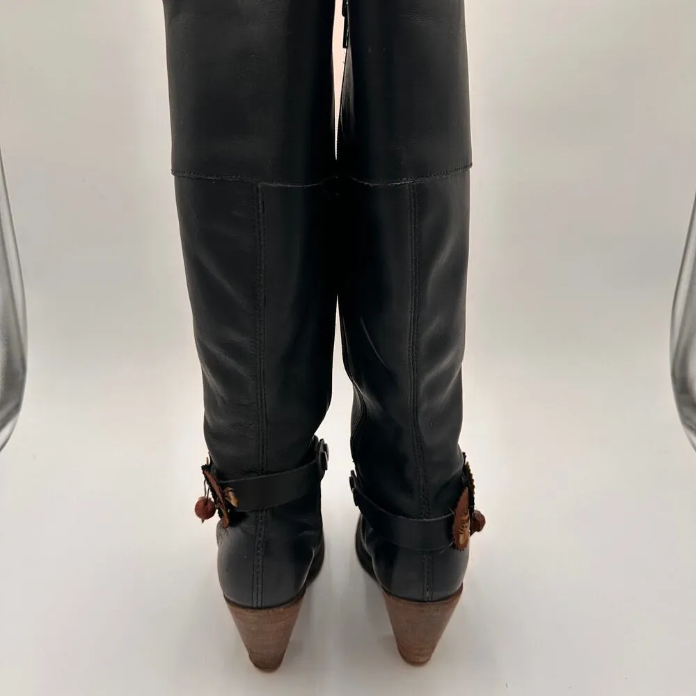 Frye Black Tall Leather Western Boots with Feather Detail Size 6 B - Image 8