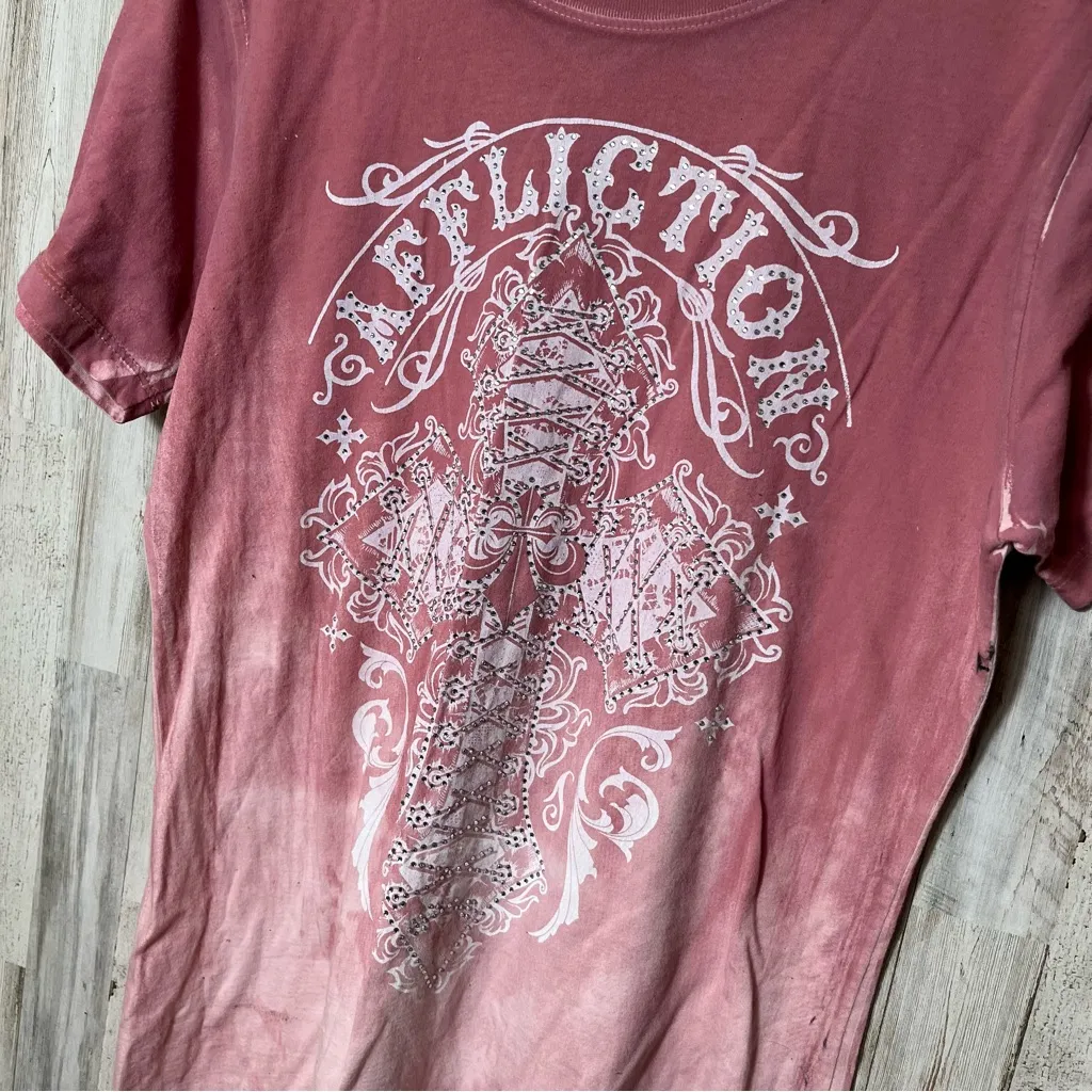Y2K Affliction Pink White Rhinestone Grunge Painted Thrashed Womens Medium‎ - Image 2
