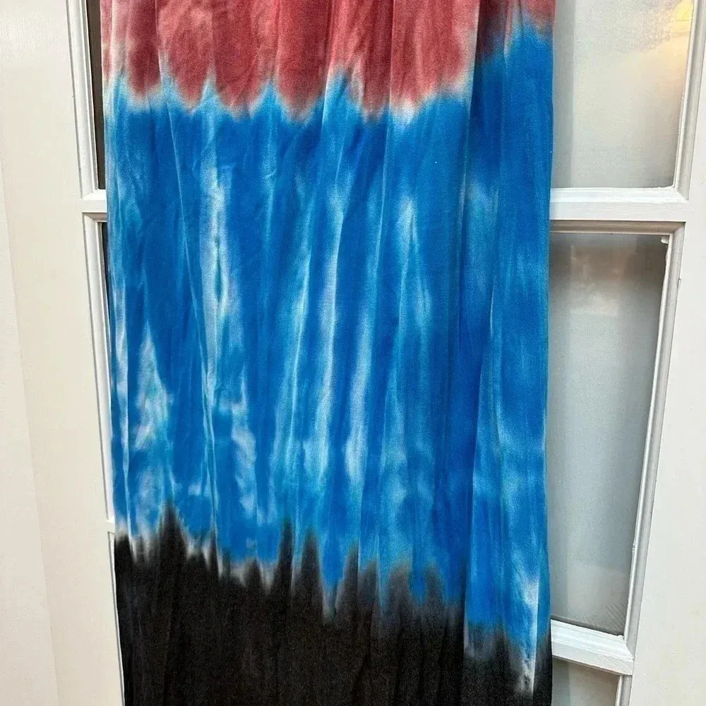 ZARA | Red Blue Black Tie Dye Bohemian Beach Coastal Maxi Slip Dress Size M - Image 7