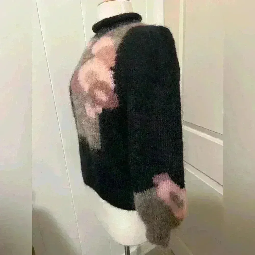 Gennie De Lange Sweater Abstract Floral Hand Knit Mohair Pink Art Cozy Pink Black - Image 3