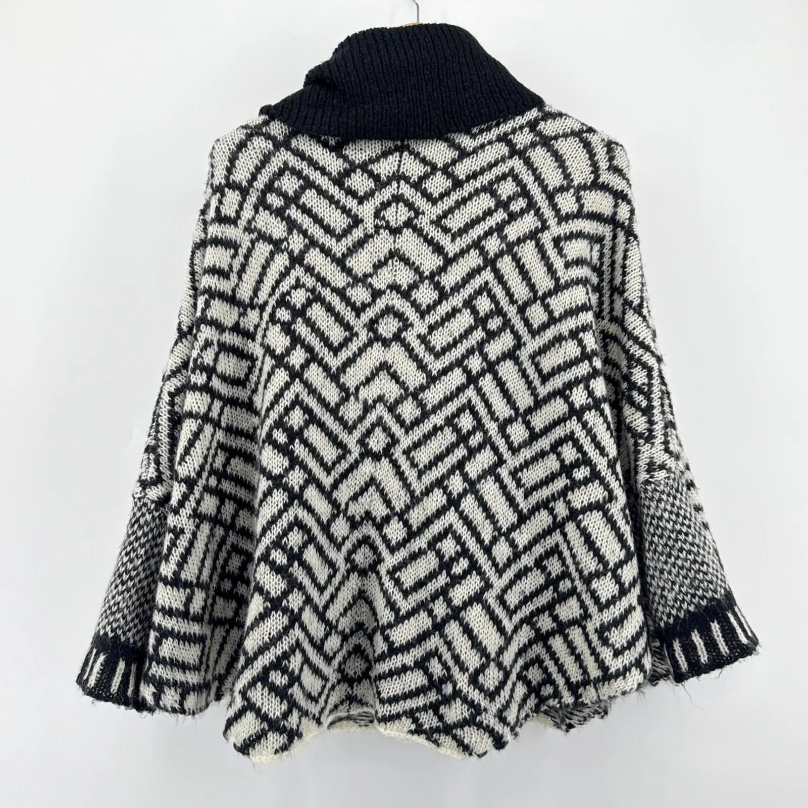 Wooden Ships Nola Black White Geometric Mohair Blend Cowl Neck Poncho Sweater SM - Image 5