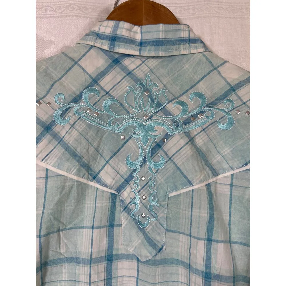Cowgirl Up Pearl Snap Large NEW Blue Plaid Embroidered Studded Western - Image 10