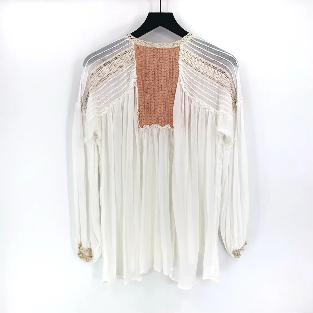 SUNDANCE Long Sleeve Peasant Blouse White Peach Red M Size M - Image 7