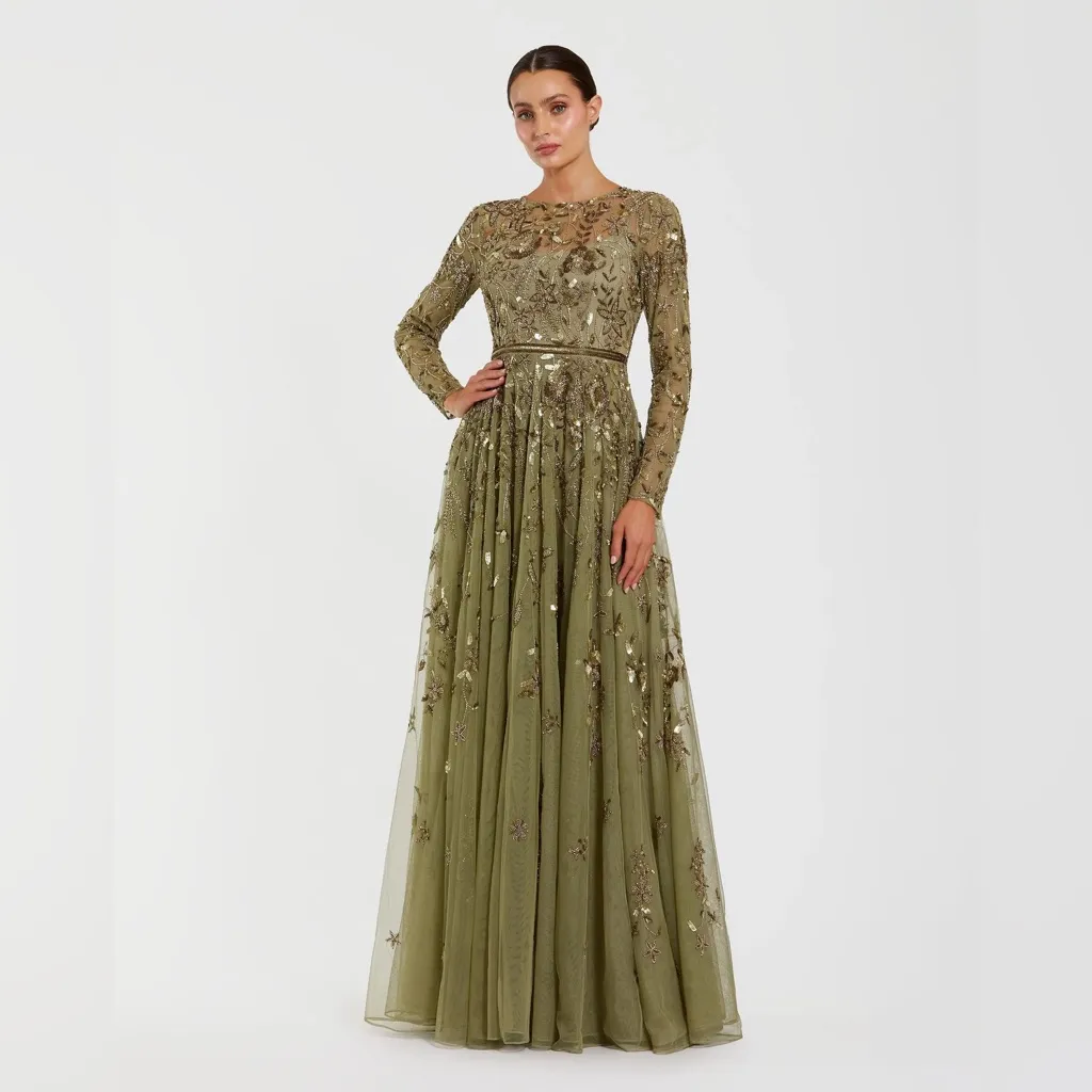 Mac Duggal 6182 Green Long Sleeve Hand Embellished Floral A-line Gown - Image 3