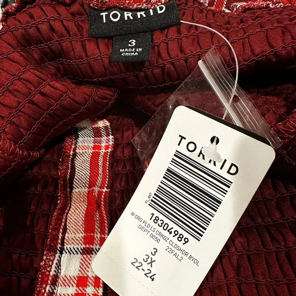 PLAID COLD SHOULDER SMOCKED LONG SLEEVE RUFFLE BOHO ADJUSTABLE STRAP TOP - Image 6