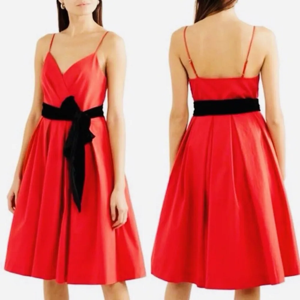 NWT J. Crew A-Line Velvet Sash Tie Red Black Party Dress Size 16 Spaghetti Strap - Image 2