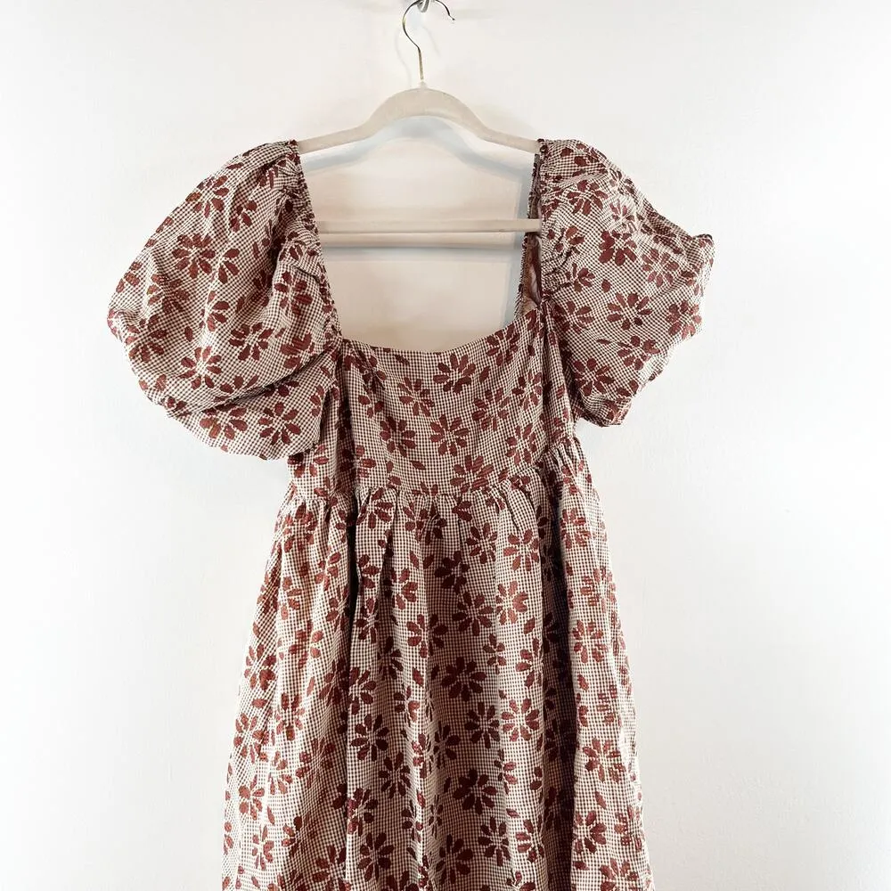 Storia Short Puff Sleeve Square Neck Floral Daisy Bubble Hem Mini Dress Brown M - Image 7