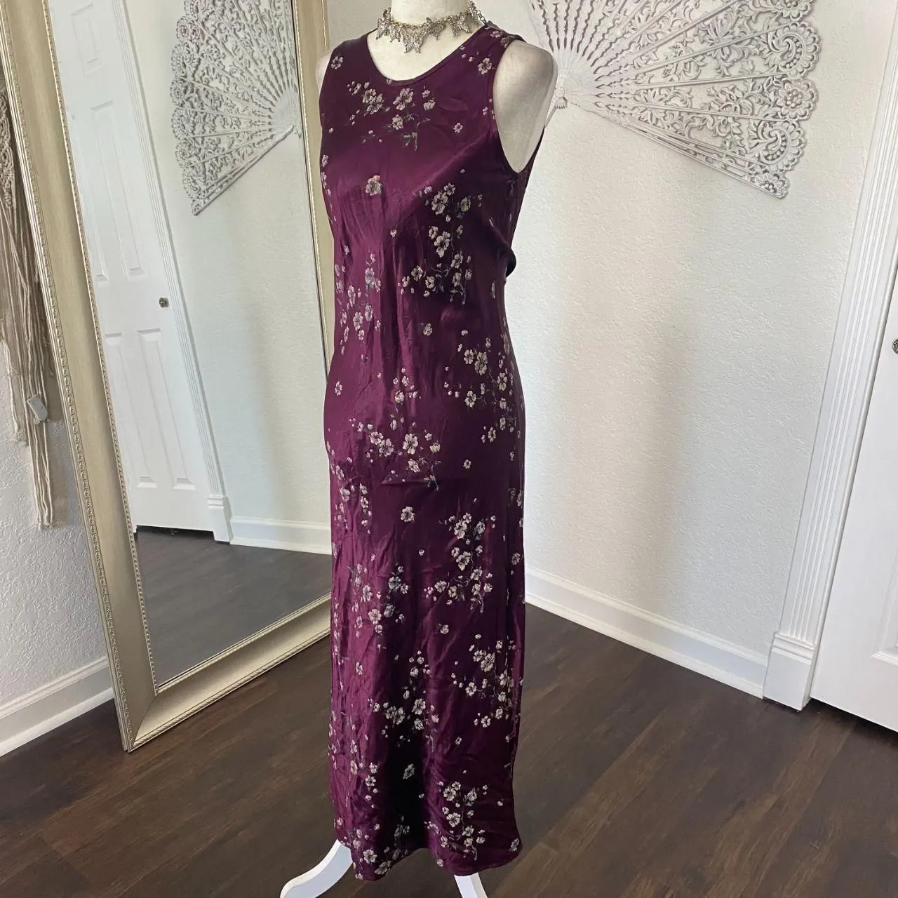 Dark Purple Burgundy Early 2000's Whimsygoth Floral Satin Midi Maxi Dress XS - Image 4
