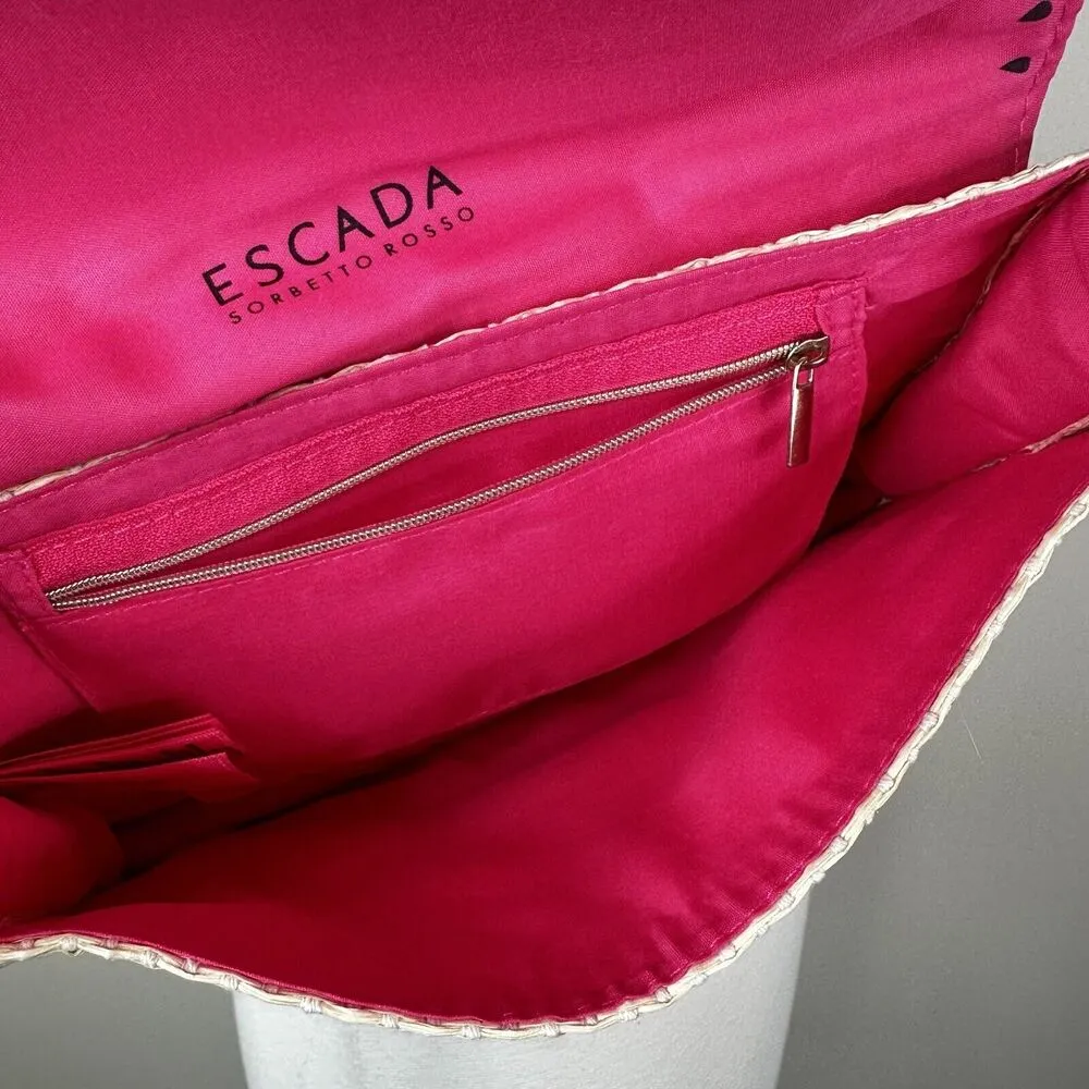 Escada Sorbetto Rosso Watermelon Straw Rattan Chain Crossbody Shoulder Bag Pink - Image 7