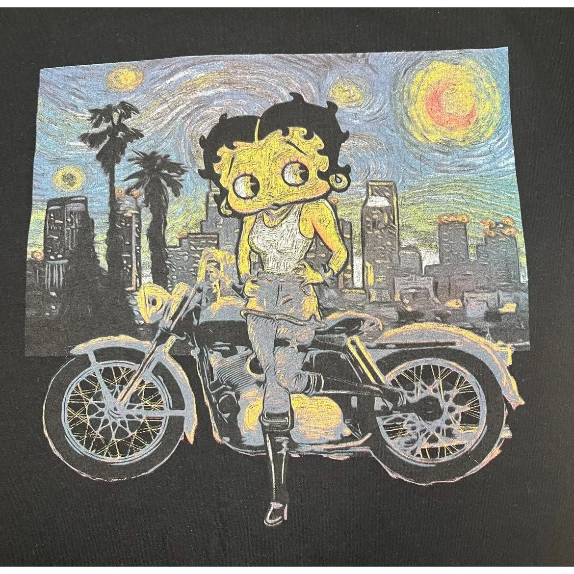 Betty Boop Starry Night Motorcycle Graphic Tee Black Retro Art Shirt Size Medium - Image 2