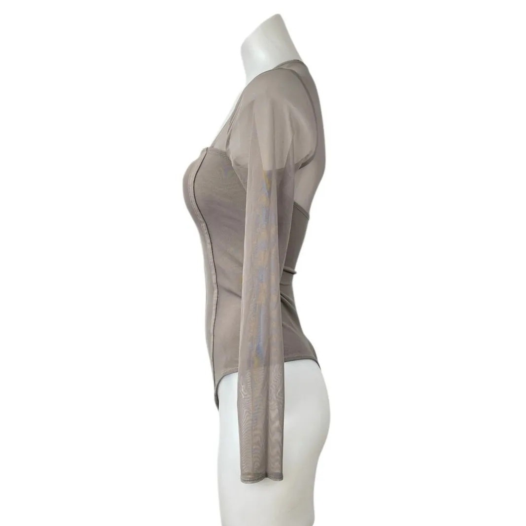 Abercrombie & Fitch Gray Tan Mesh Long Sleeve Square Neck Corset Bodysuit Top S - Image 2