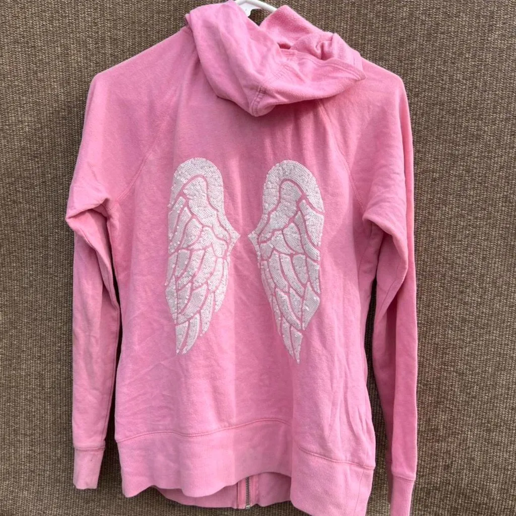 Victorias Secret Angel Wings Hoodie Womens Sz Small Pink Rhinestone Zip Up Rare - Image 3