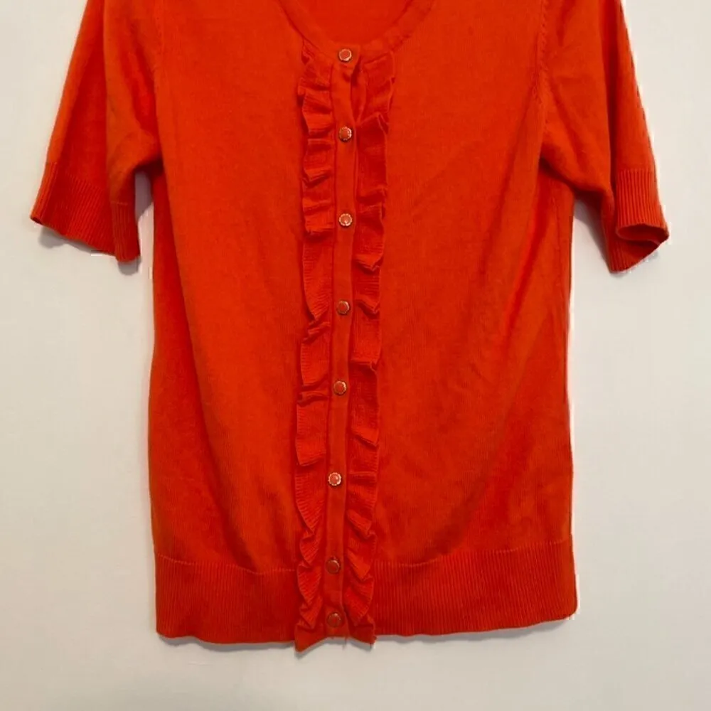 NEW YORK & COMPANY NY&CO Solid Orange Ruffle Short Elbow Sleeve Cardigan Sweater Size M - Image 3