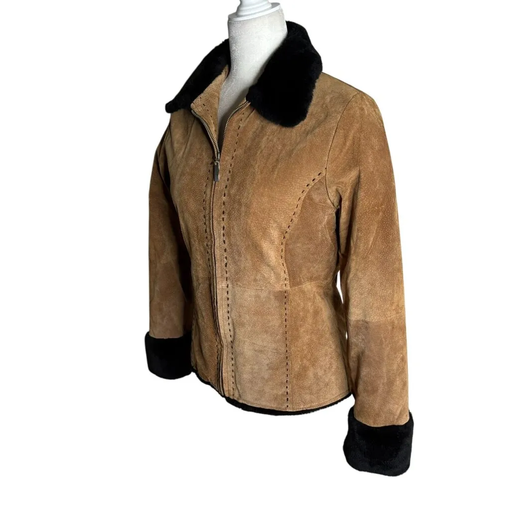Vintage 90s Suede Leather Jacket Medium Black Faux Fur Lining Collar Cuffs Zip Brown - Image 5
