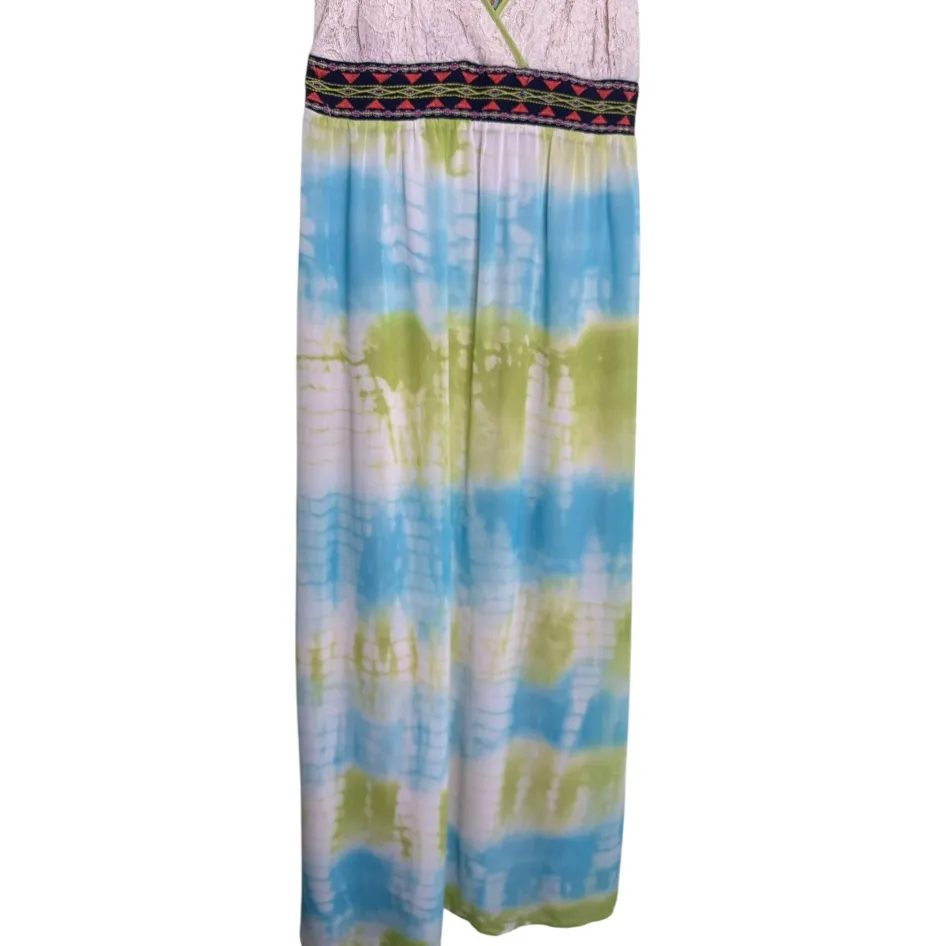 FLYING TOMATO Blue White Green Tie Dye Maxi Dress Size Small Sleeveless Boho - Image 6
