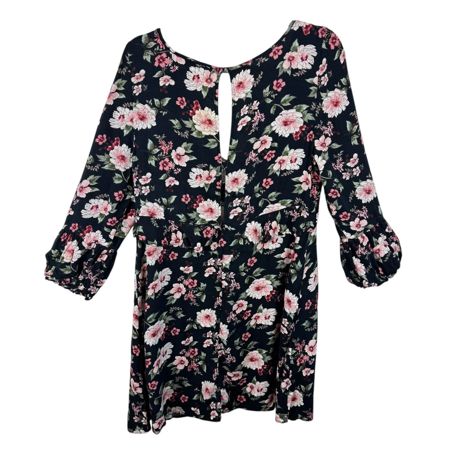 American Eagle Black Floral 3/4 Sleeve V-Neck Lightweight Mini Dress Size M - Image 3