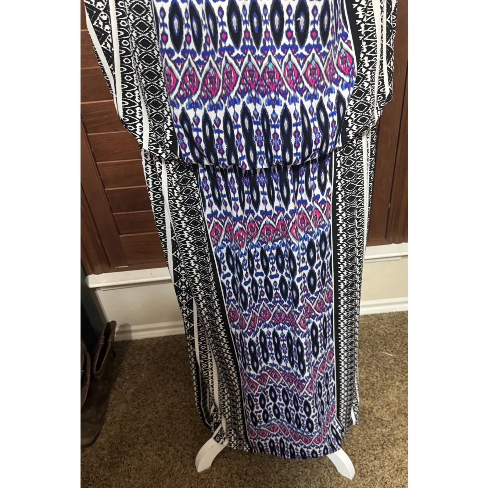 London Style Woman Maxi Dress Sleeveless 20W black white geo print stretch long - Image 3