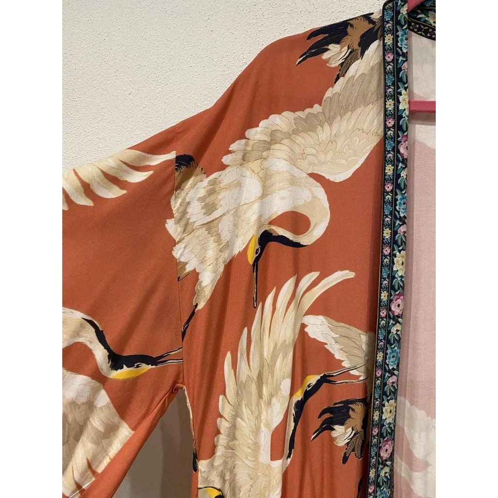 Aratta Silent Journey Kimono Cardigan Womens One Size Orange Crane Floral Trim Pink - Image 4