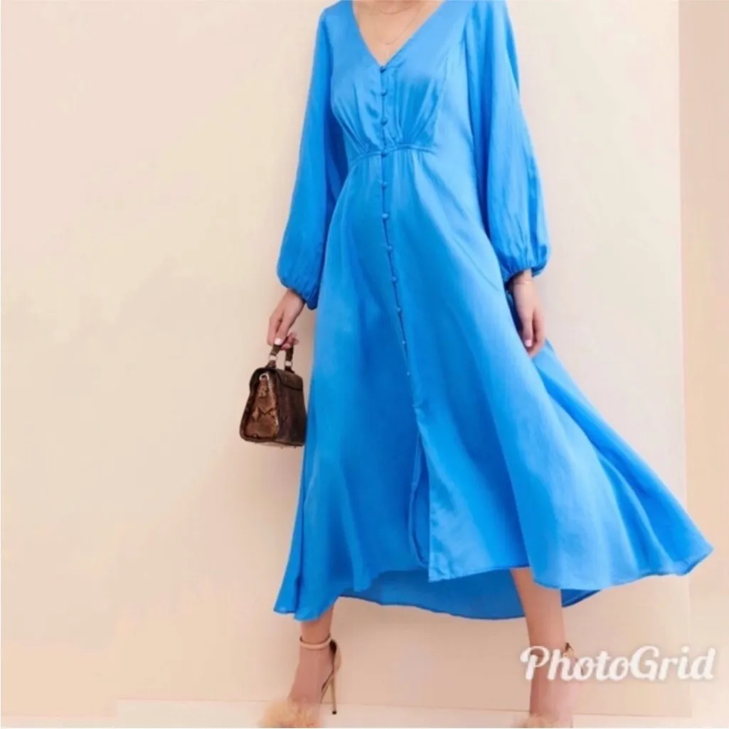 FREE PEOPLE Later Days Blue Button Front Long Sleeve Midi Dress Size 0‎ New - Image 5