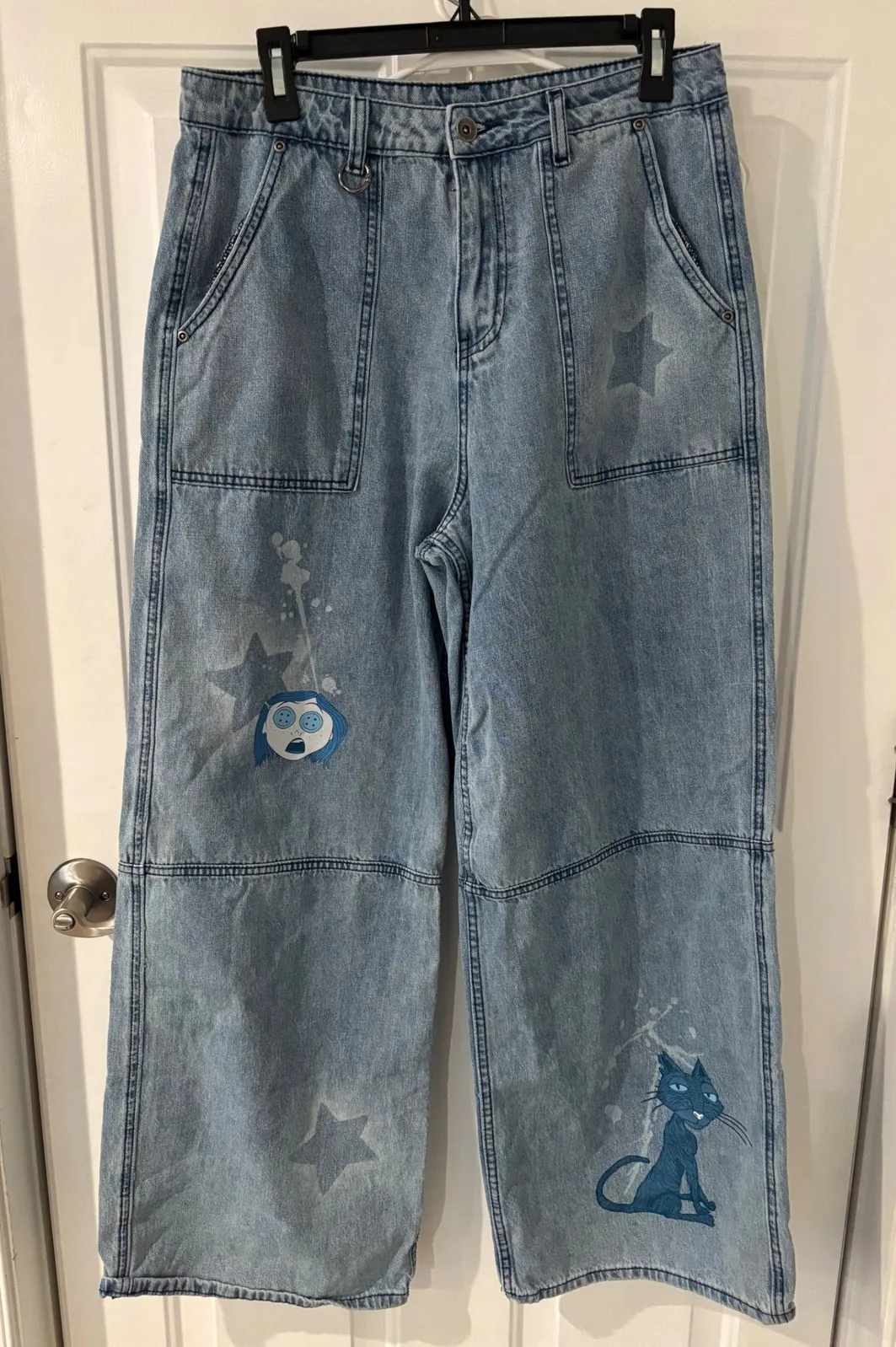 Denim Jeans Coraline Cat Star Print Wide Leg Light Wash Pants Size 11 Blue - Image 1