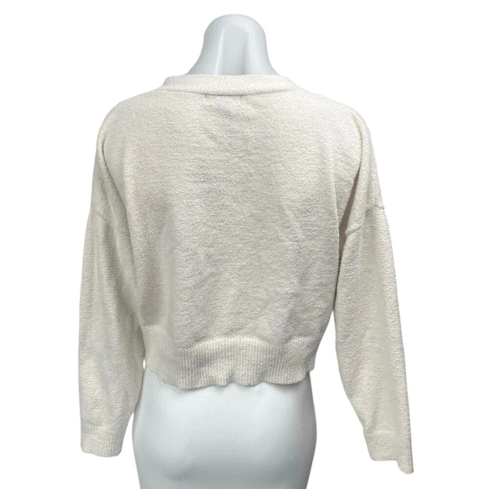 Aqua Women's White Long Sleeve Fleece Button Down Cardigan Sweater Top Size S - Image 2