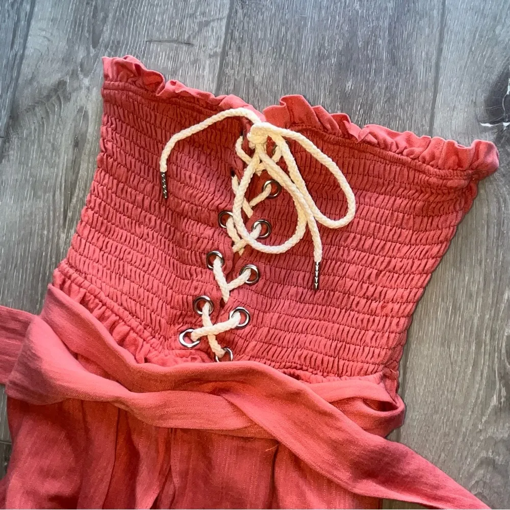 e.ssue Strapless Split Leg Jumpsuit Lace Up Front pink S - Image 4