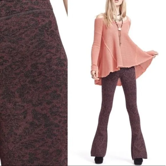 Free People Wine & Black Knit Jacquard Flair Hem Wide Leg Pants S - Image 2