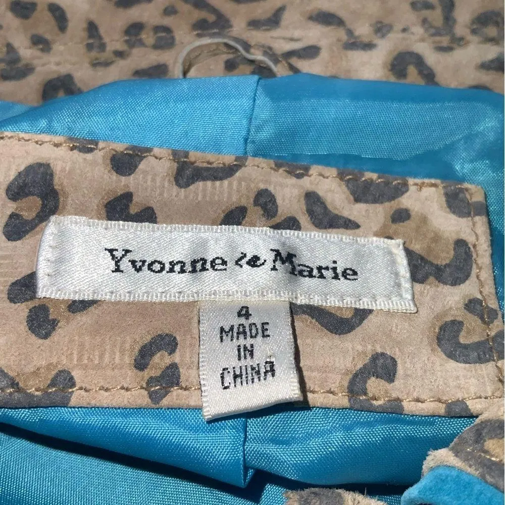 Yvonne & Marie Tan Leopard Print Turquoise Trim 100% Leather Hip Length Jacket 4 Blue - Image 11