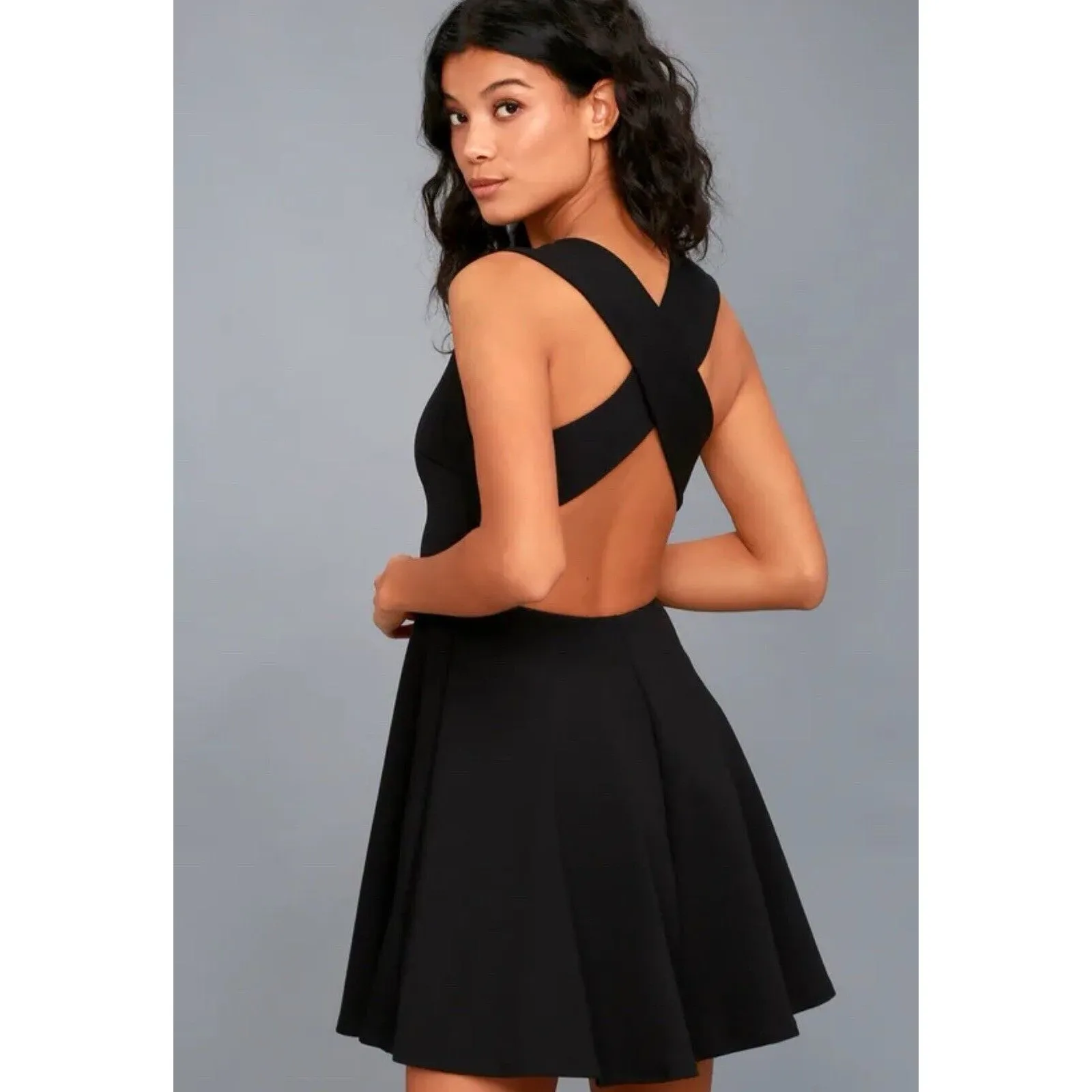 Lulus Going Steady Black Backless Skater Dress Low V-Neck Mini Sleeveless Size L - Image 2
