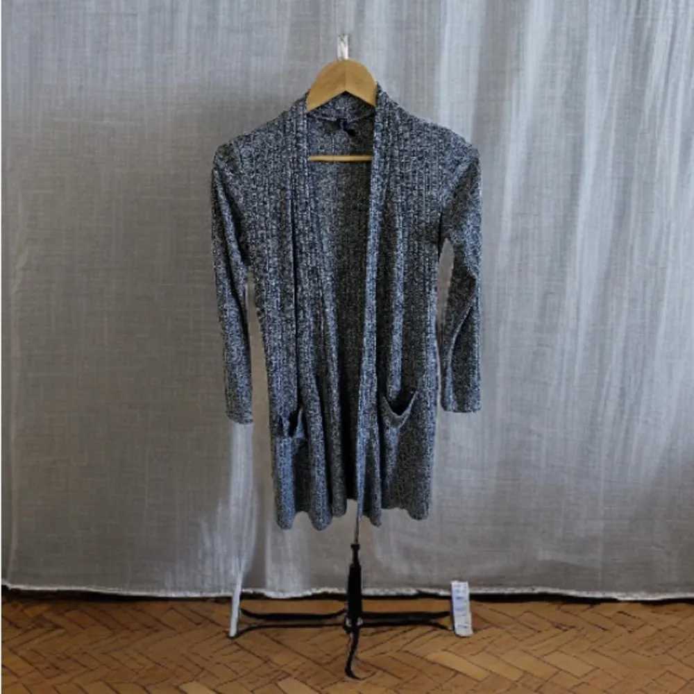 Fleurette Gray Fleurette Black White Long Open Cardigan Sweater Pockets Gray - Image 2