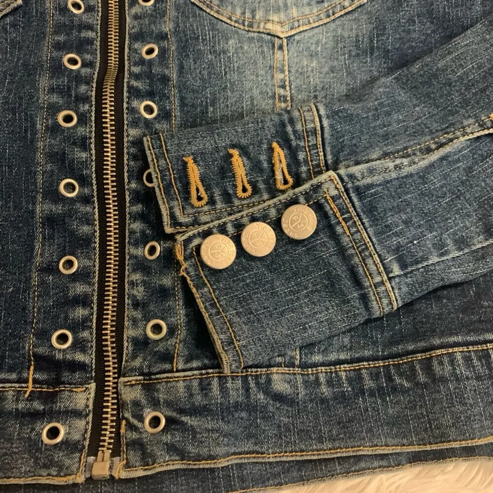 Denim Jean Jacket Eyelet Detail Ladies Sz XL Buttons Moto Blue - Image 4