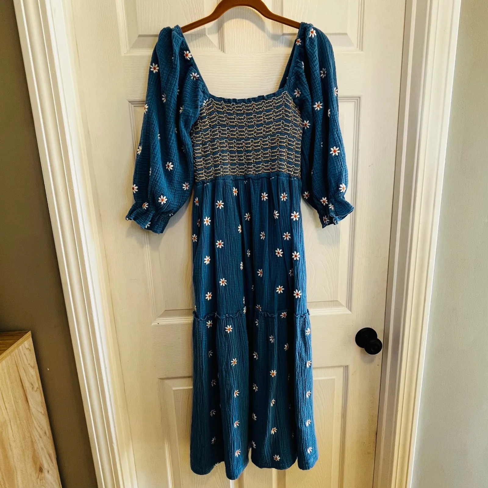 Blue Daisy Smocked Maxi Dress Square Neck Puff Sleeve Tiered Midi Boho Cottage Size M - Image 2