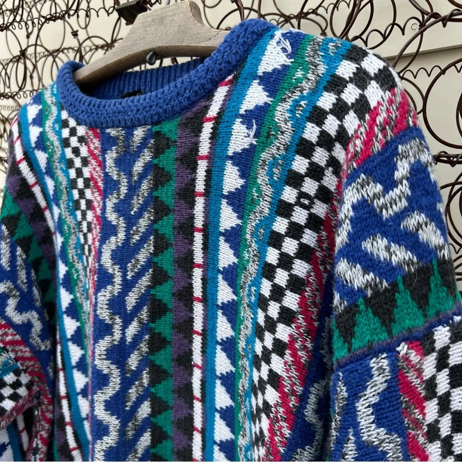 Vintage Cattivo primary color abstract geometric stripe knit sweater XL Blue - Image 3