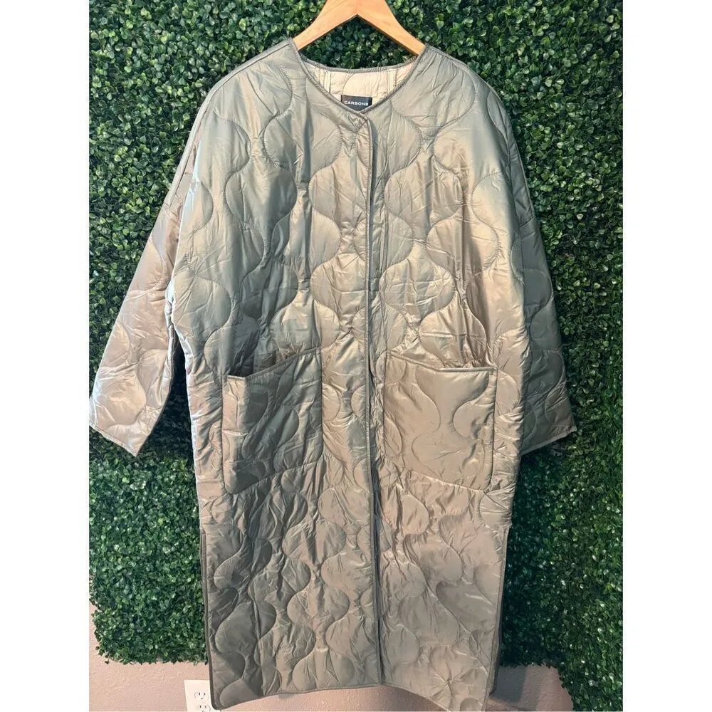 Carbon38 Puffer Trench Coat Womens Large NWT Green Blanket Onion Quilted Long Be - Image 3