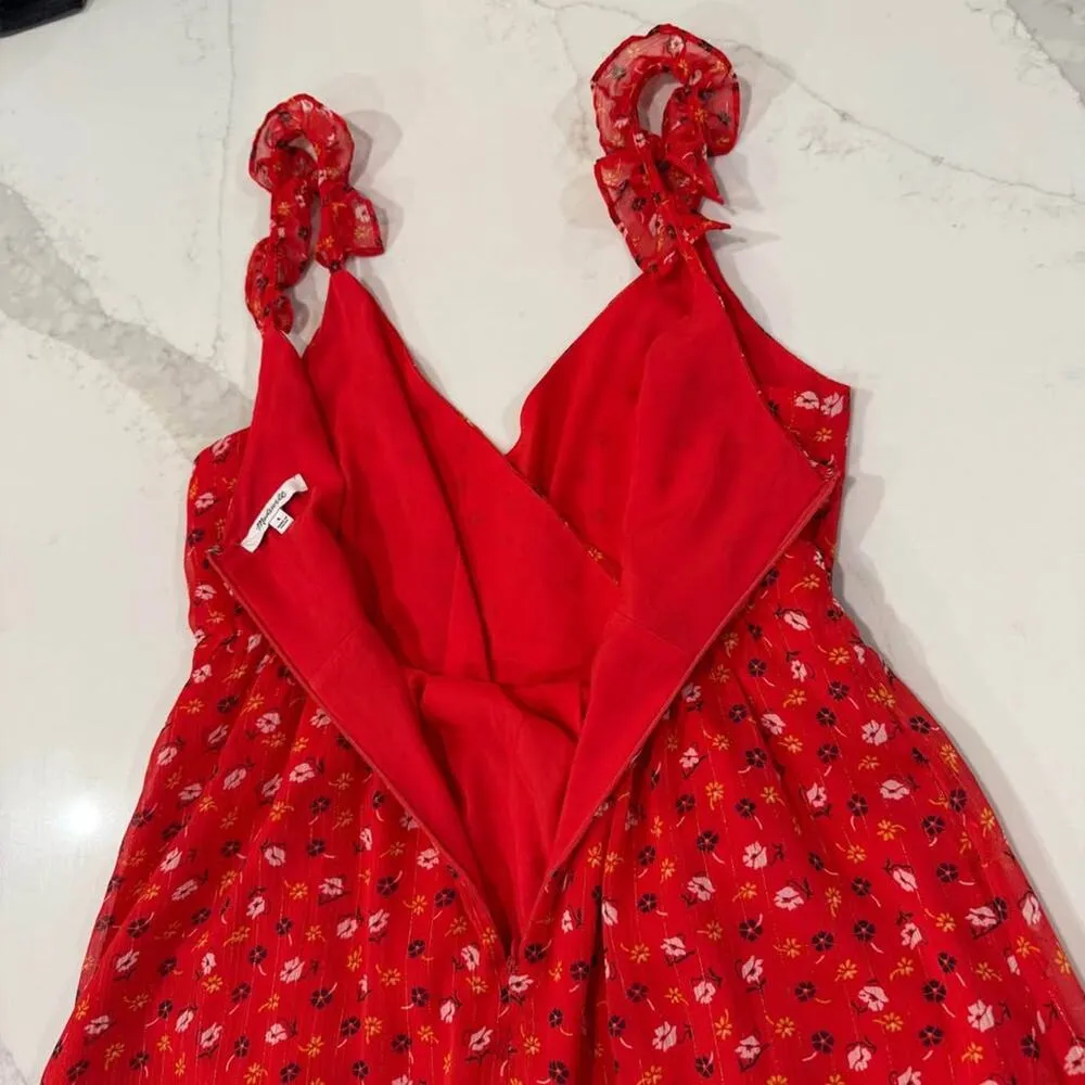 Madewell Ruffle Strap Wrap Dress Women's 4 Metallic Striped Prairie Posies Red - Image 8