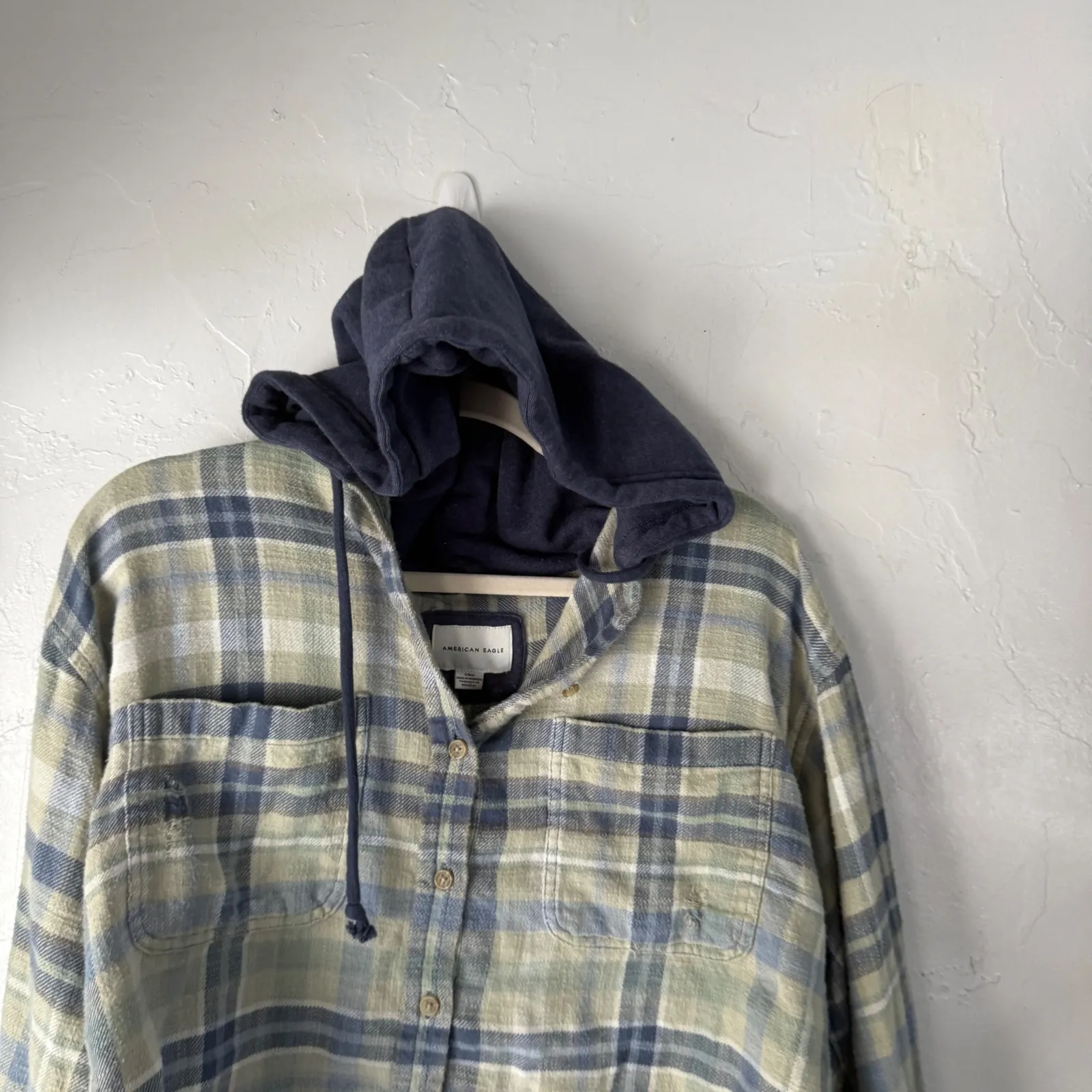 American Eagle Outfitters Plaid Cropped Shirt Jacket Hoodie Blue Green Womens L - Image 2