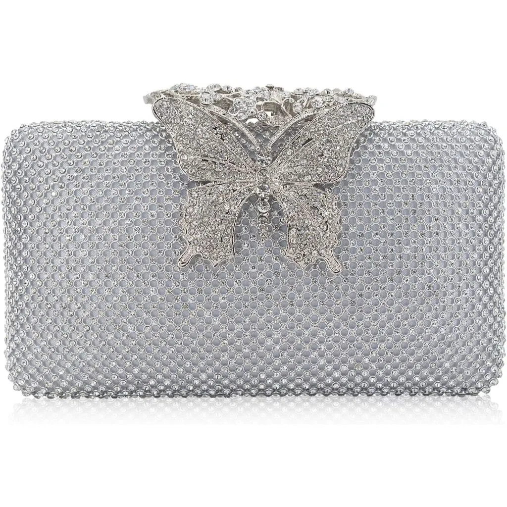 ⚡Women's Silver Velvet Fabric Butterfly Clasp Crystal Evening Clutch Bag - Image 2