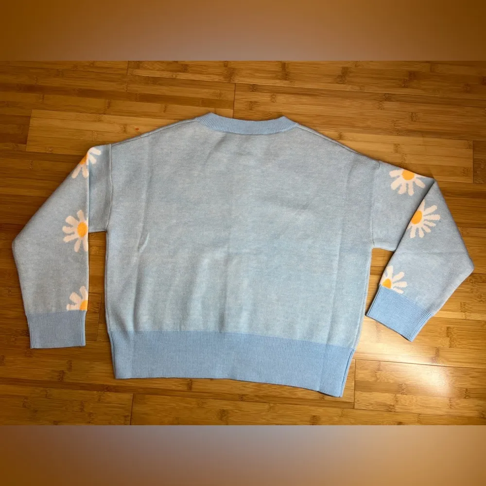 Womens Floral sky Blue Long Sleeve Ribbed Neckline Casual Sweater/Cardigan|Sz:S - Image 15